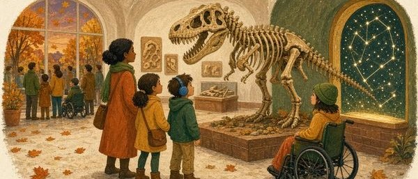 Family exploring a friendly museum dinosaur exhibit at a calm after-hours sensory night; one child wears headphones