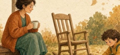 Parent on a porch in autumn while a child plays nearby in leaves - quiet and hopeful