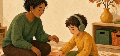 Adult and child sharing a calm sensory play tray in a warm playroom