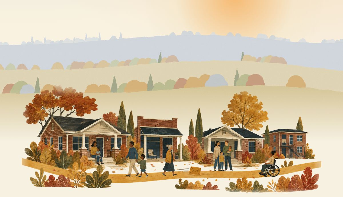Illustration of the village in autumn: homes, neighbors walking the path, and rolling Middle Tennessee hills.